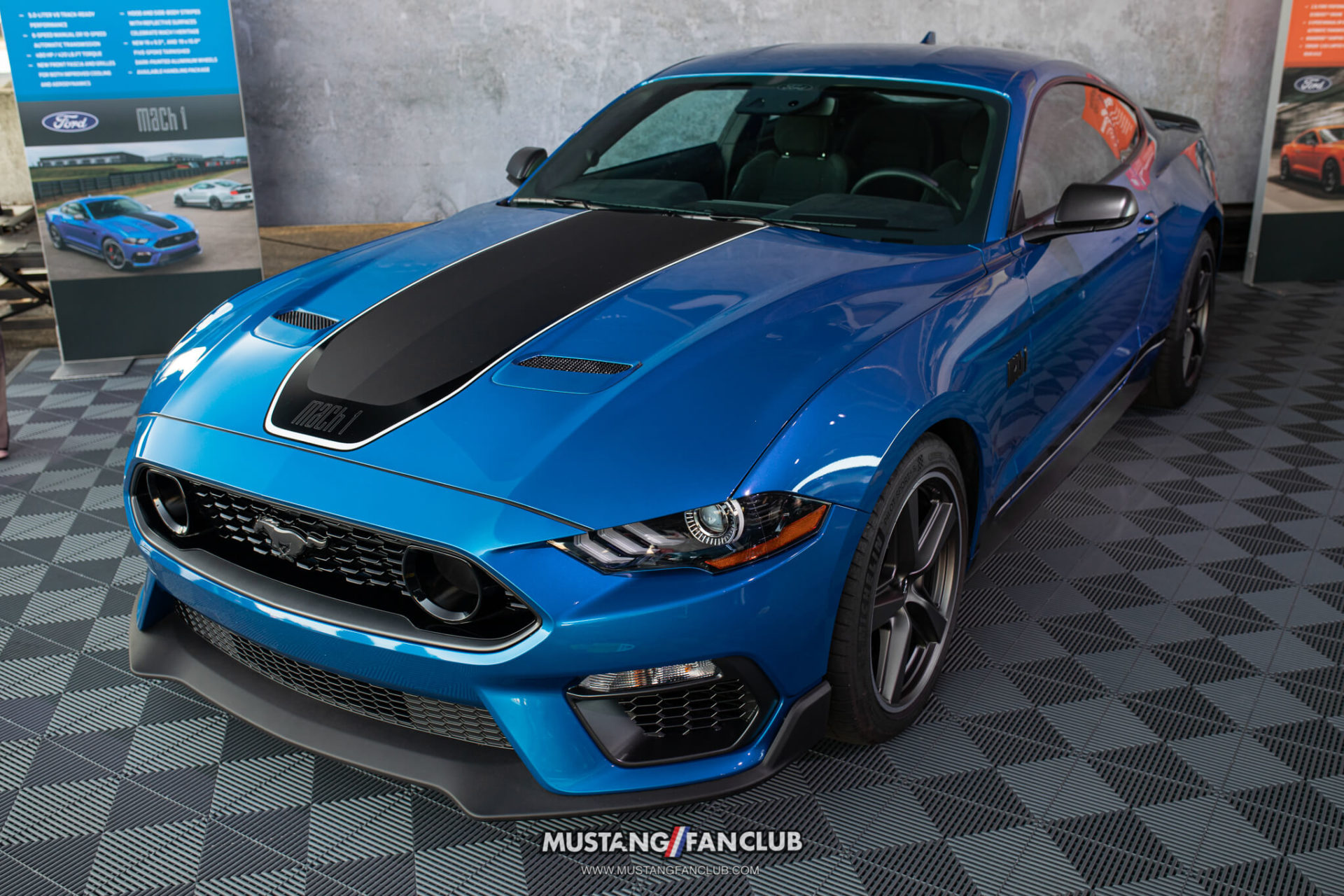 2021 Ford Mustang Mach 1 Velocity Blue Metallic with Black Stripes Greenlig...