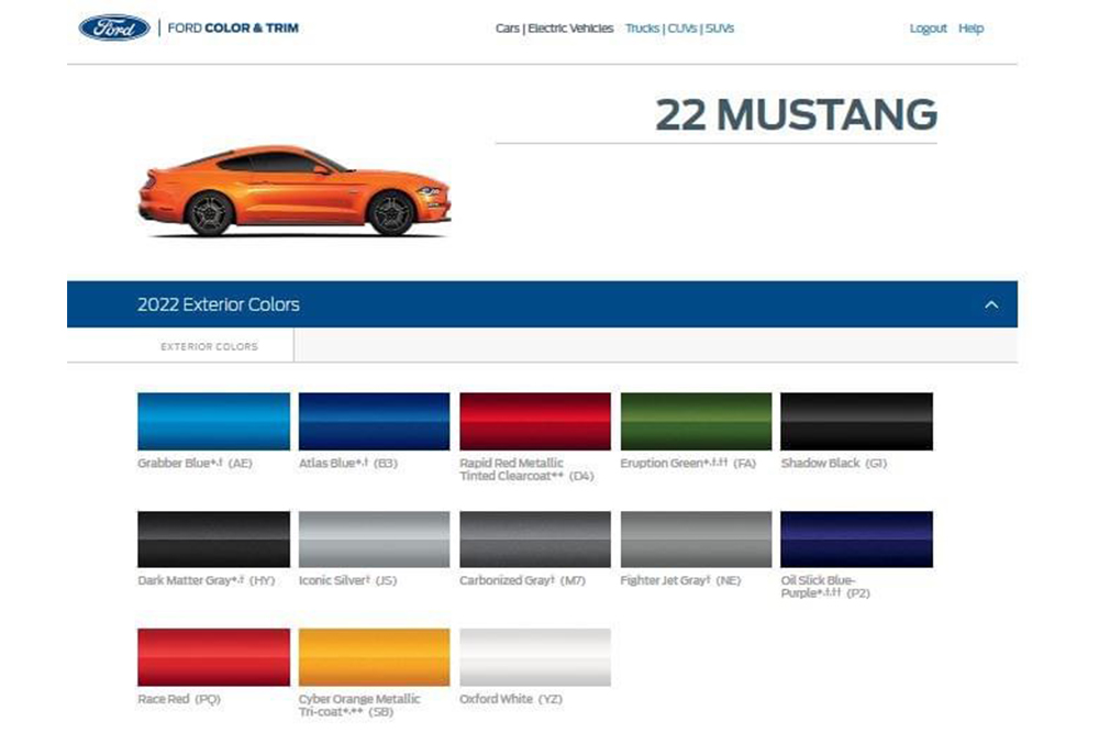 2022 Mustang Color Chart